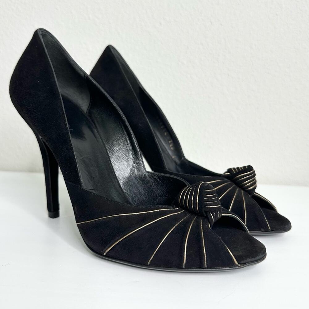 GUCCI Peep Toe Black Pumps with Gold Trim Size 37.5